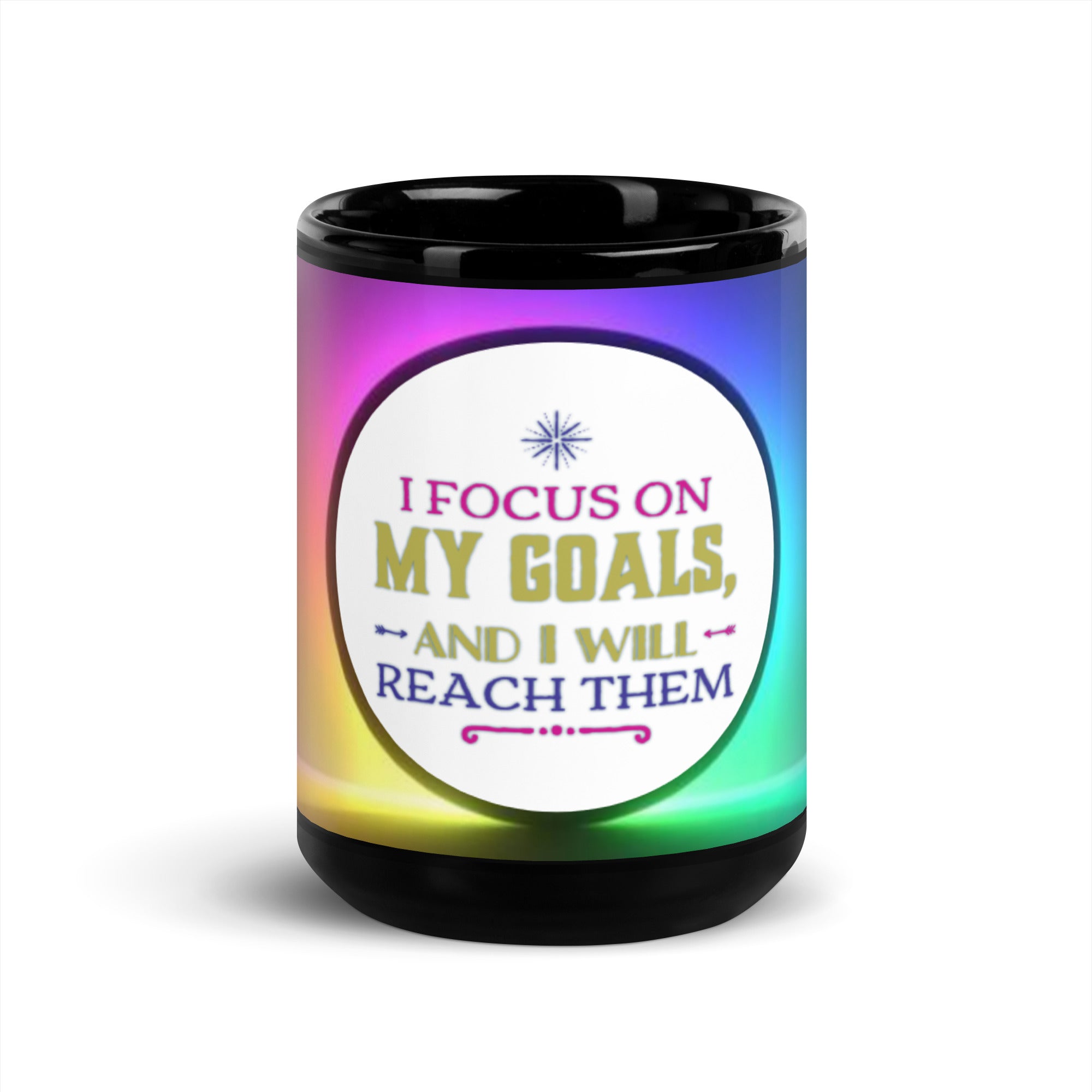 GloWell Designs - Black Glossy Mug - Affirmation Quote - I Focus on My Goals - GloWell Designs