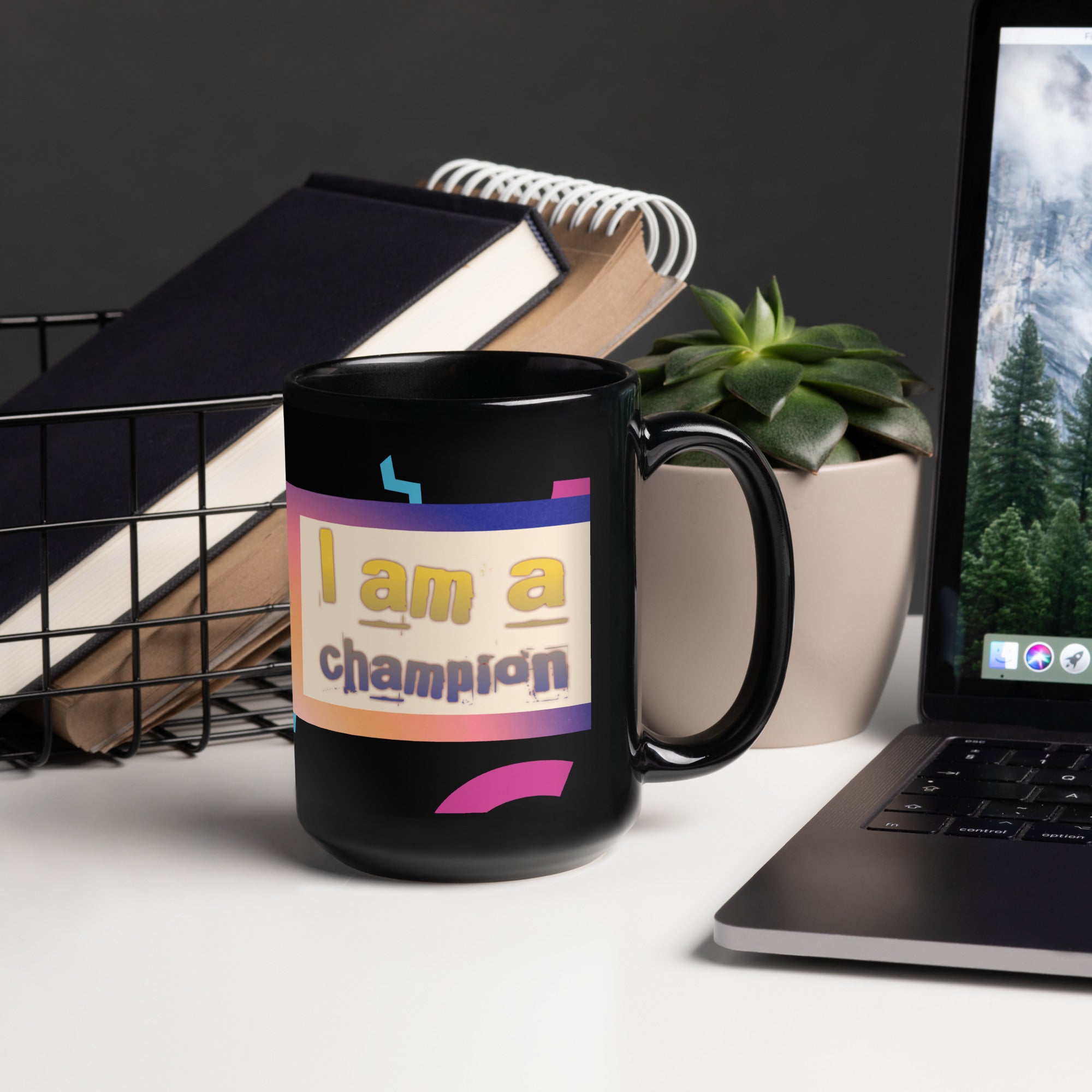 GloWell Designs - Black Glossy Mug - Affirmation Quote - I Am A Champion - GloWell Designs